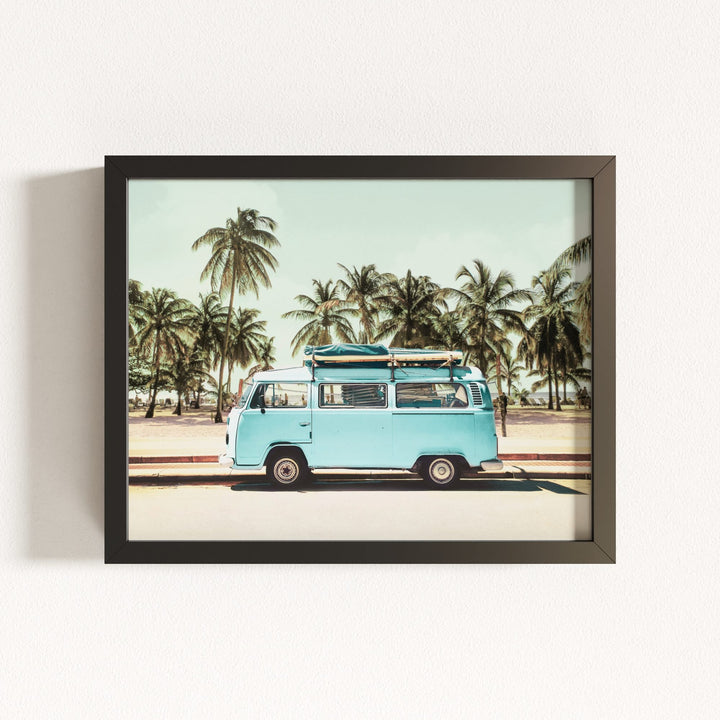 Blue VW Bus with Palm Trees