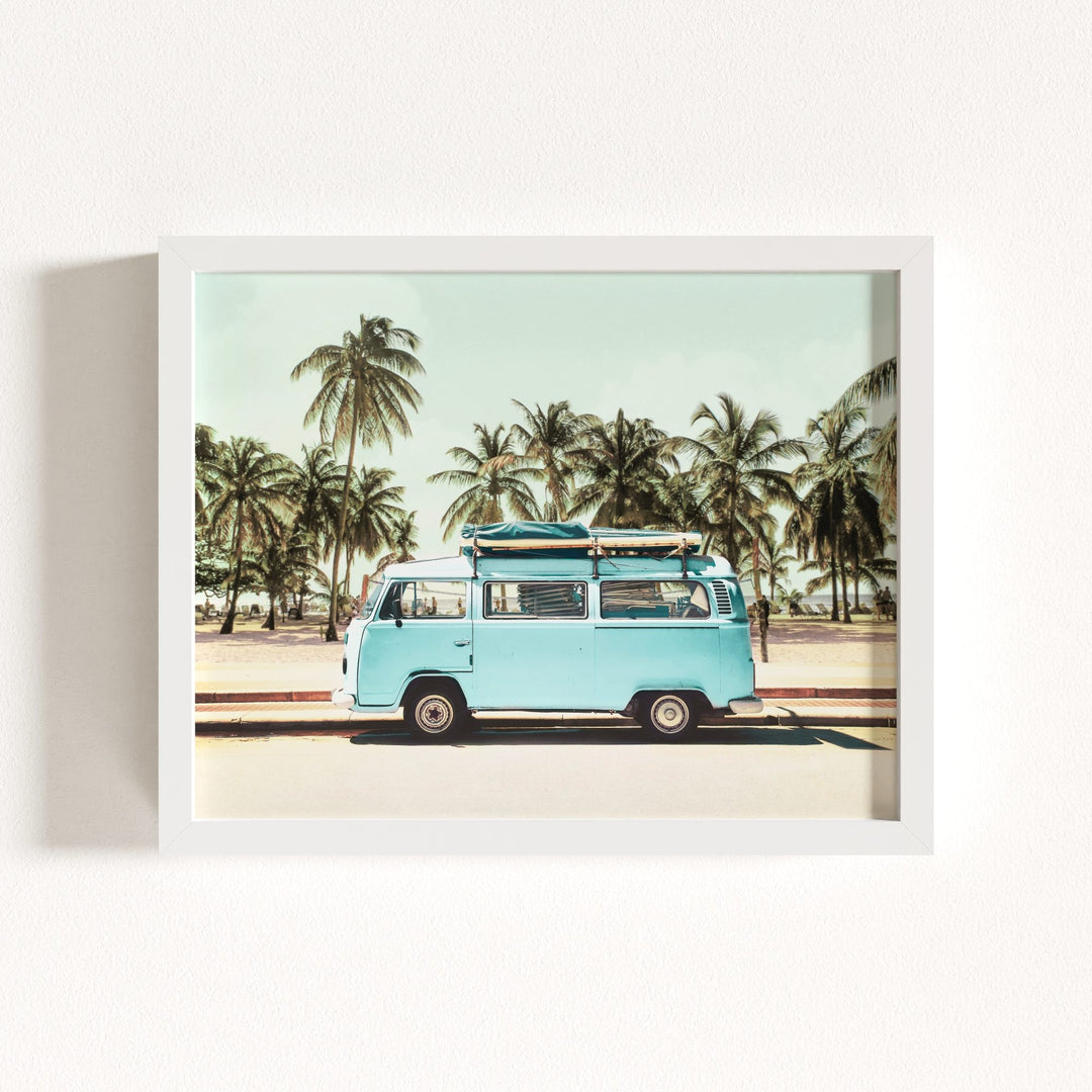 Blue VW Bus with Palm Trees