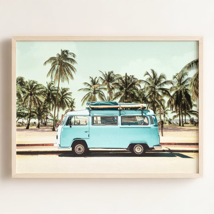 Blue VW Bus with Palm Trees
