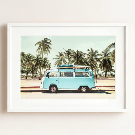 Blue VW Bus with Palm Trees