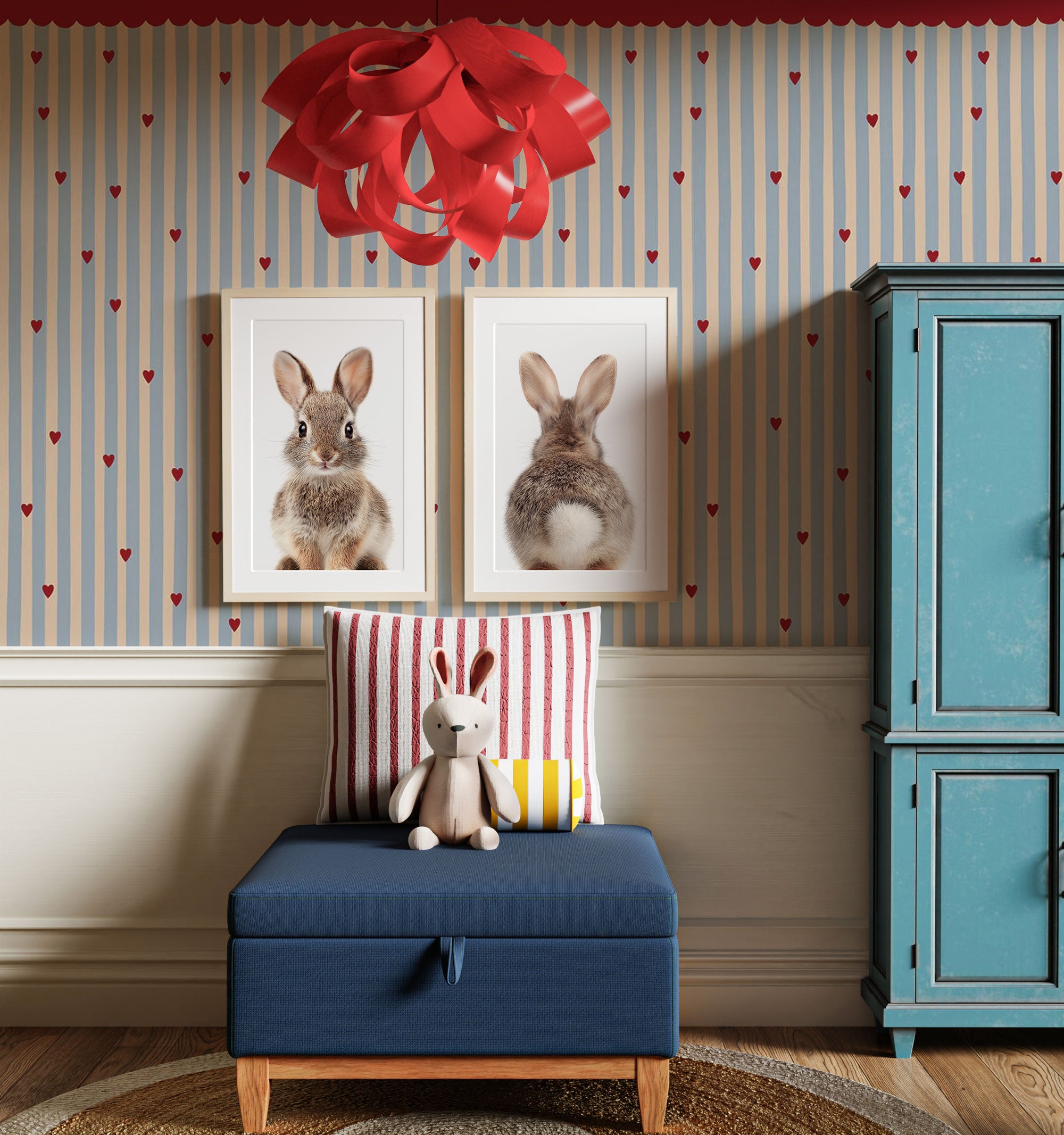 Children's room with blue ottoman, striped pillow, rabbit-themed wall art, and red ceiling light.