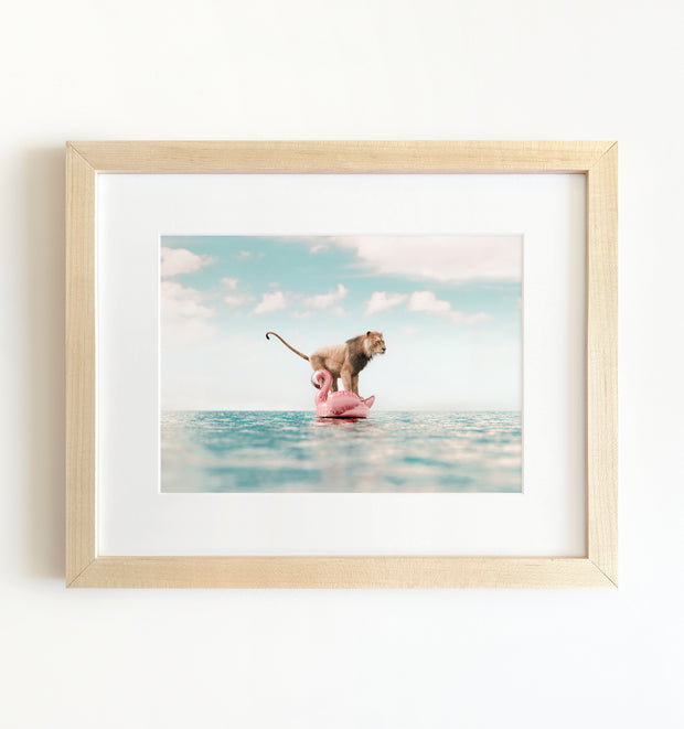 Lion Afloat a Flamingo