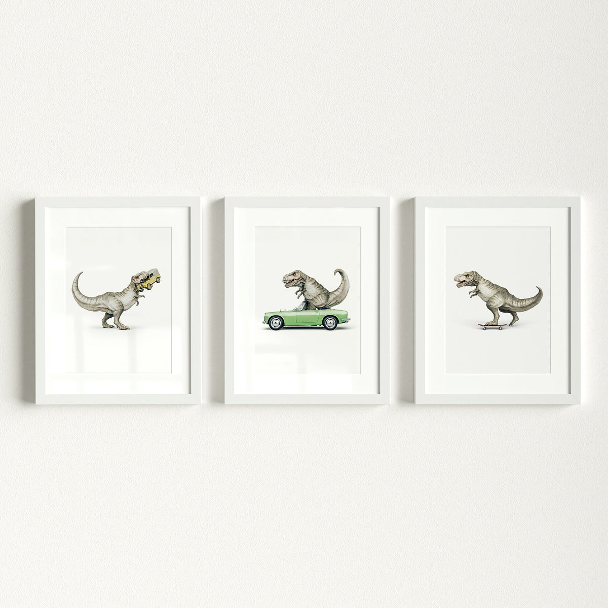 Three framed illustrations of dinosaurs on a white wall | The Crown Prints