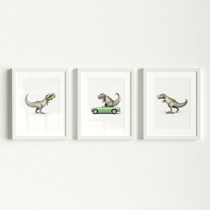 Three framed illustrations of dinosaurs on a white wall | The Crown Prints