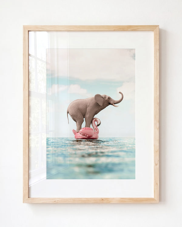 Elephant Afloat a Flamingo - Framed Art