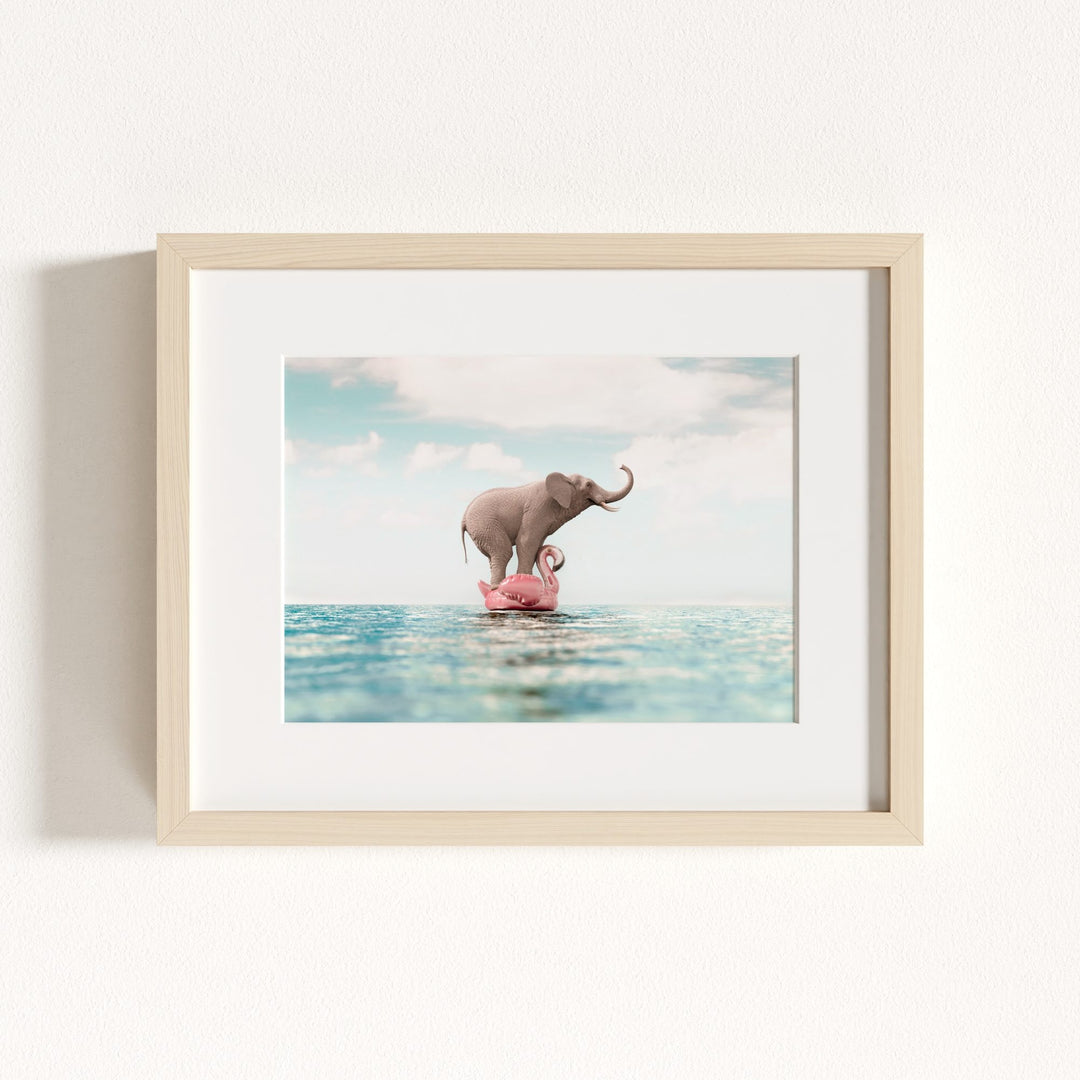 Elephant Afloat a Flamingo