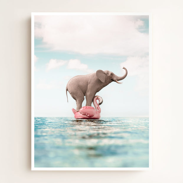 Elephant Afloat a Flamingo