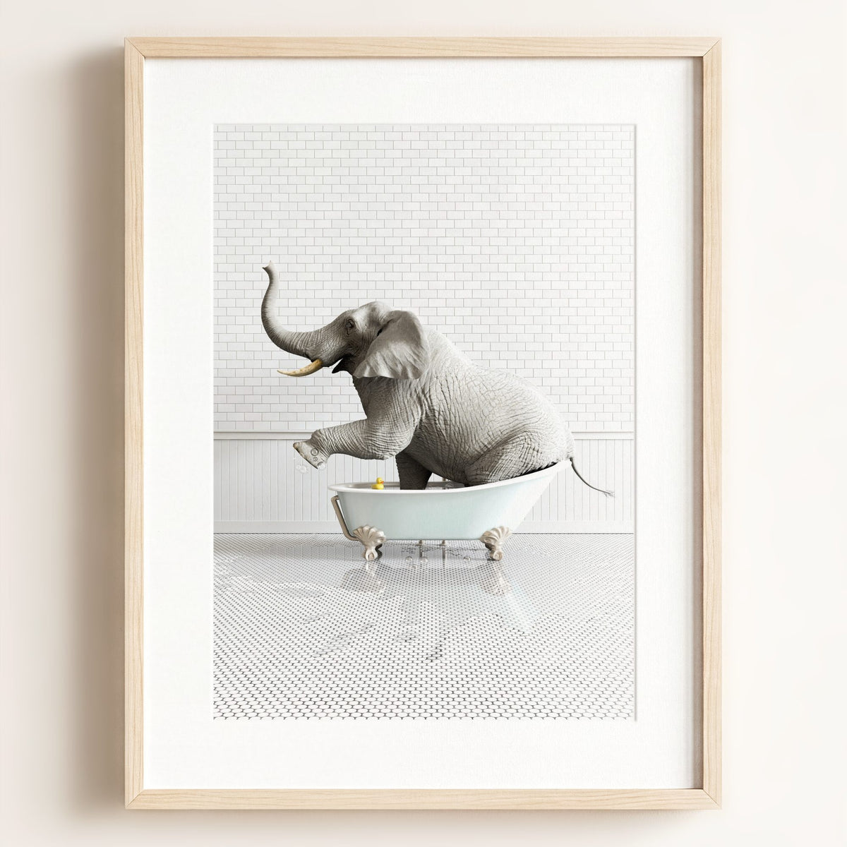 Elephant in Blue Bathtub - Framed Art