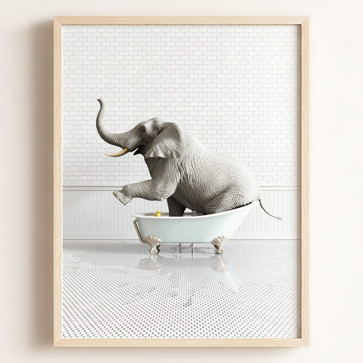 Elephant in Blue Bathtub - Framed Art