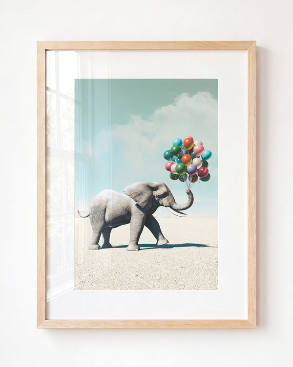 Elephant with Balloons Art Print - Framed Art