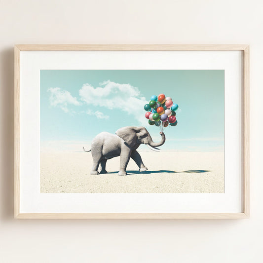Elephant with Balloons Art Print — Framed Art