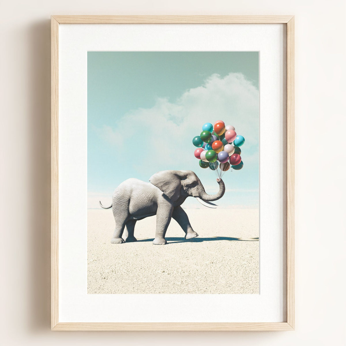 Elephant with Balloons Art Print — Framed Art