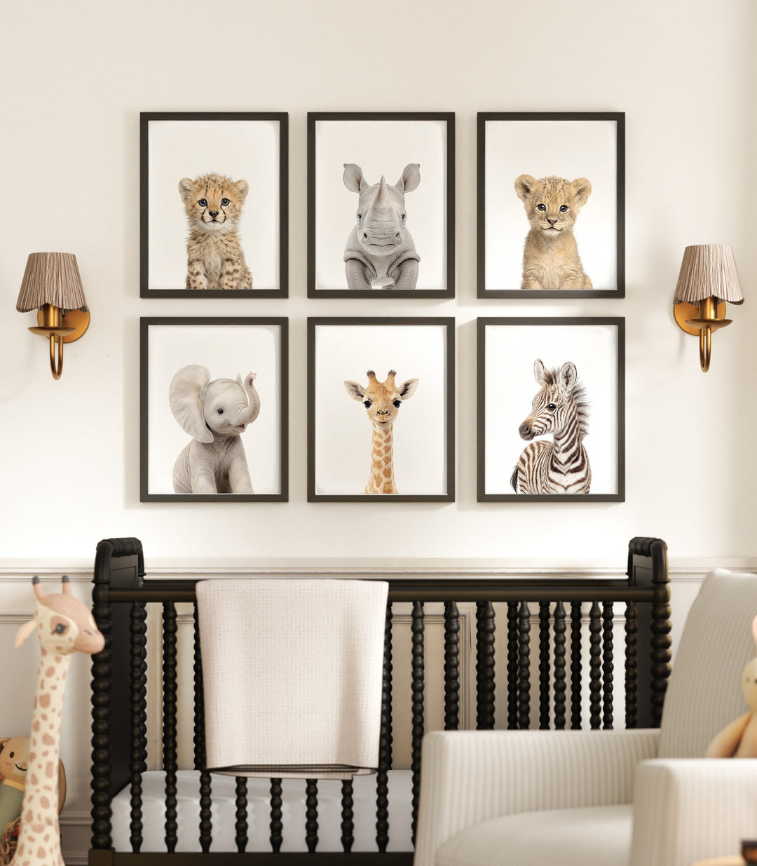 Framed Baby Safari Animals Nursery Decor - African Animals Set of 6