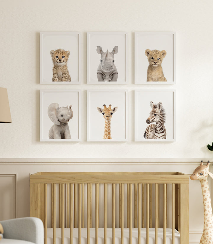 Framed Baby Safari Animals Nursery Decor - African Animals Set of 6