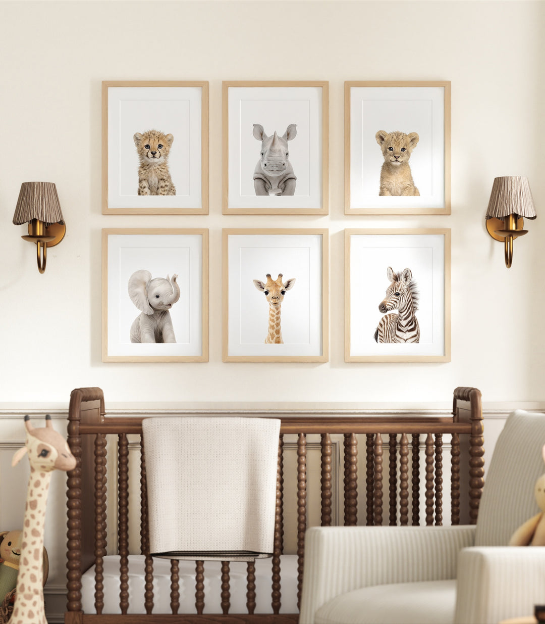 Framed Baby Safari Animals Nursery Decor - African Animals Set of 6