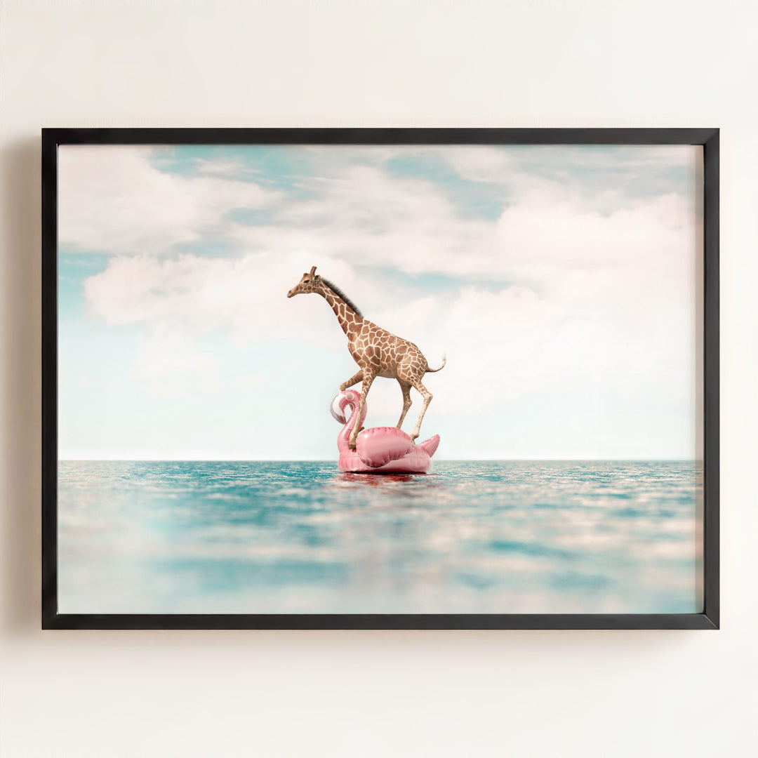 Giraffe Afloat a Flamingo