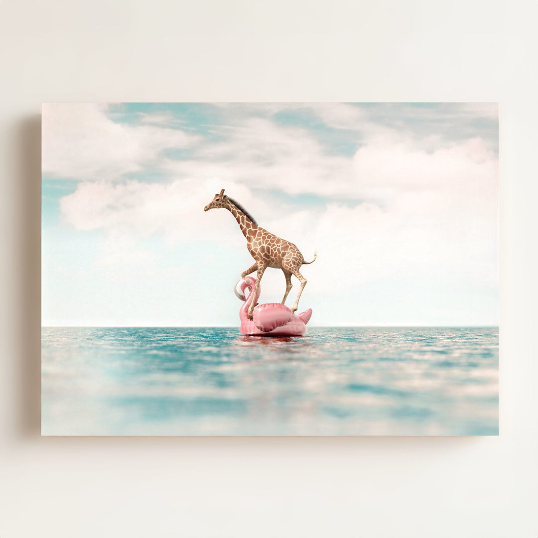 Giraffe Afloat a Flamingo
