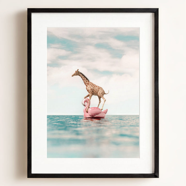 Giraffe Afloat a Flamingo