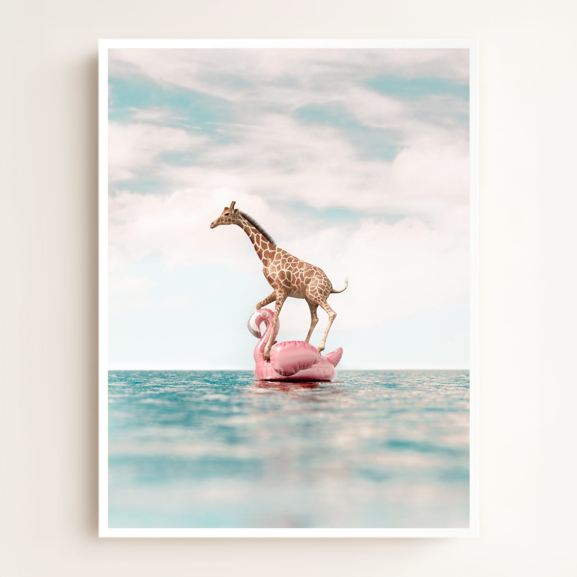 Giraffe Afloat a Flamingo
