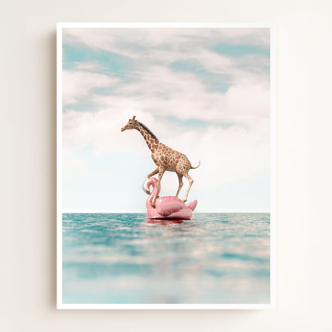 Giraffe Afloat a Flamingo