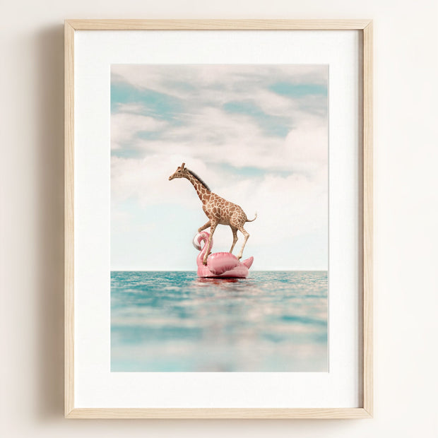 Giraffe Afloat a Flamingo