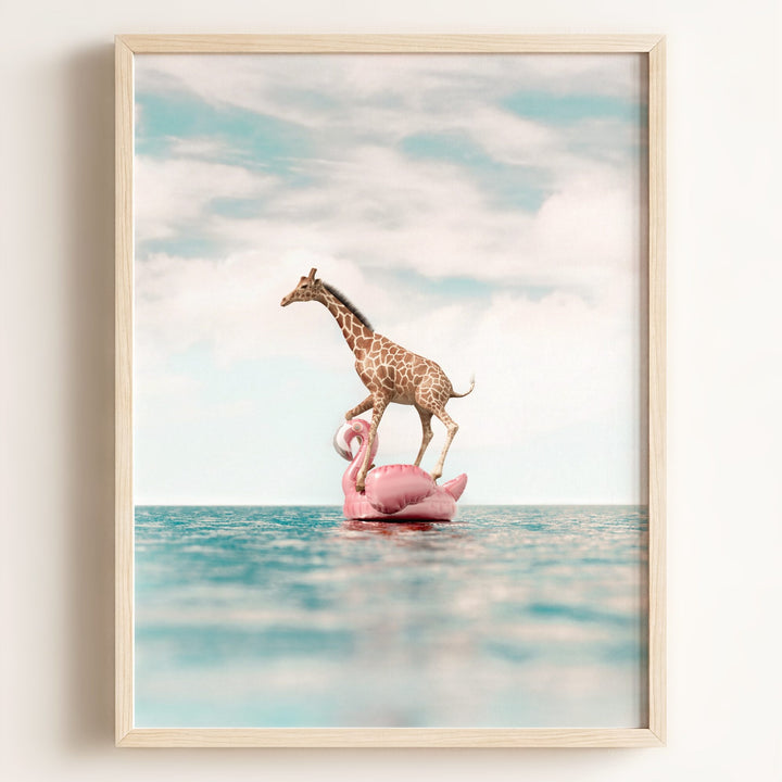 Giraffe Afloat a Flamingo