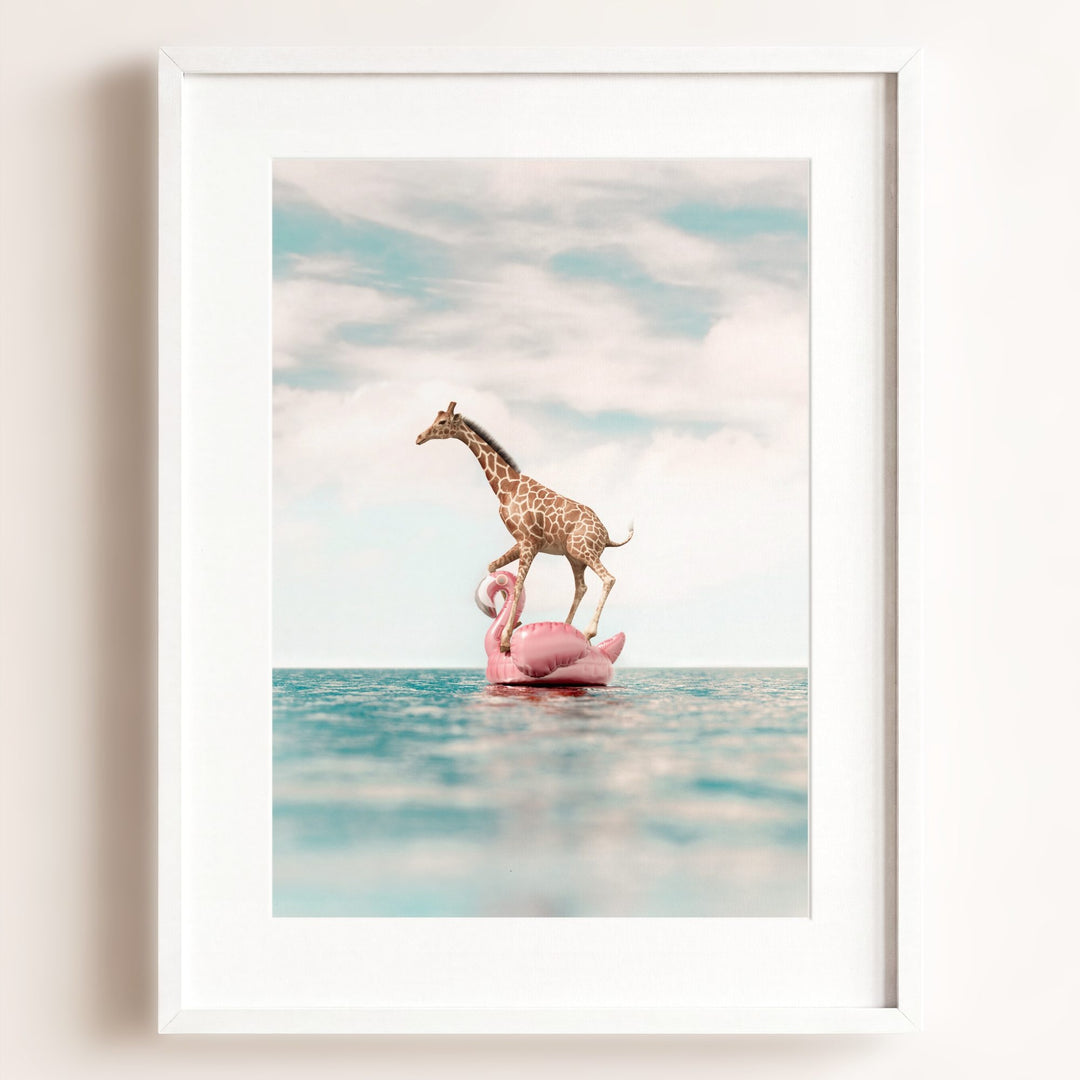 Giraffe Afloat a Flamingo