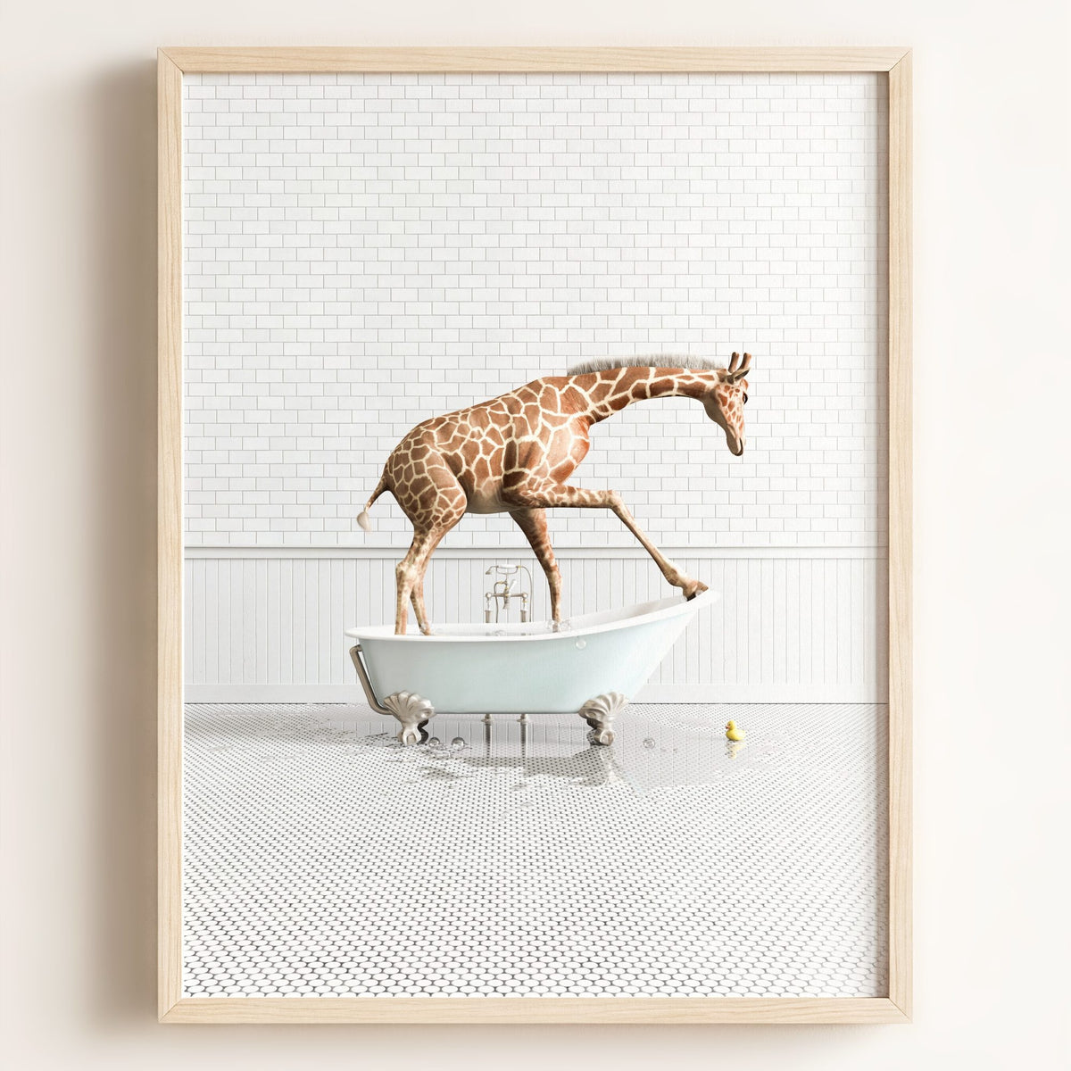 Giraffe in Blue Bathtub — Framed