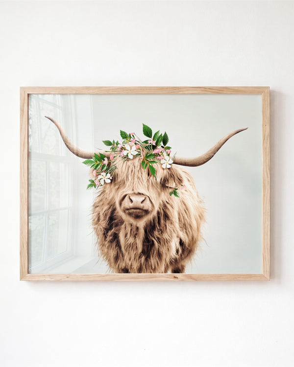 Highland Cow with Flower Crown — Framed