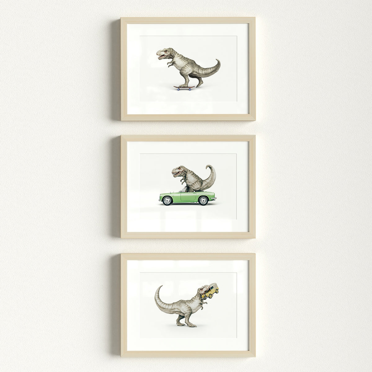 Three framed prints of a T-Rex in various poses on a white background | The Crown Prints
