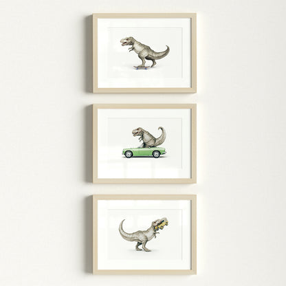 Three framed prints of a T-Rex in various poses on a white background | The Crown Prints
