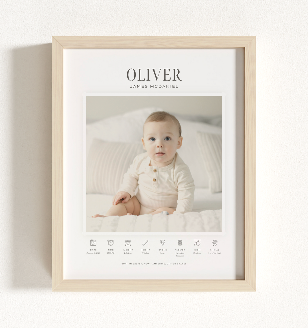 Framed photo of a baby with personalized name and birth statistics on a white background