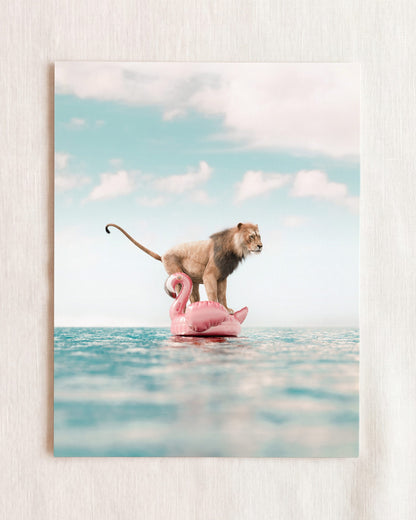 Lion Afloat a Flamingo
