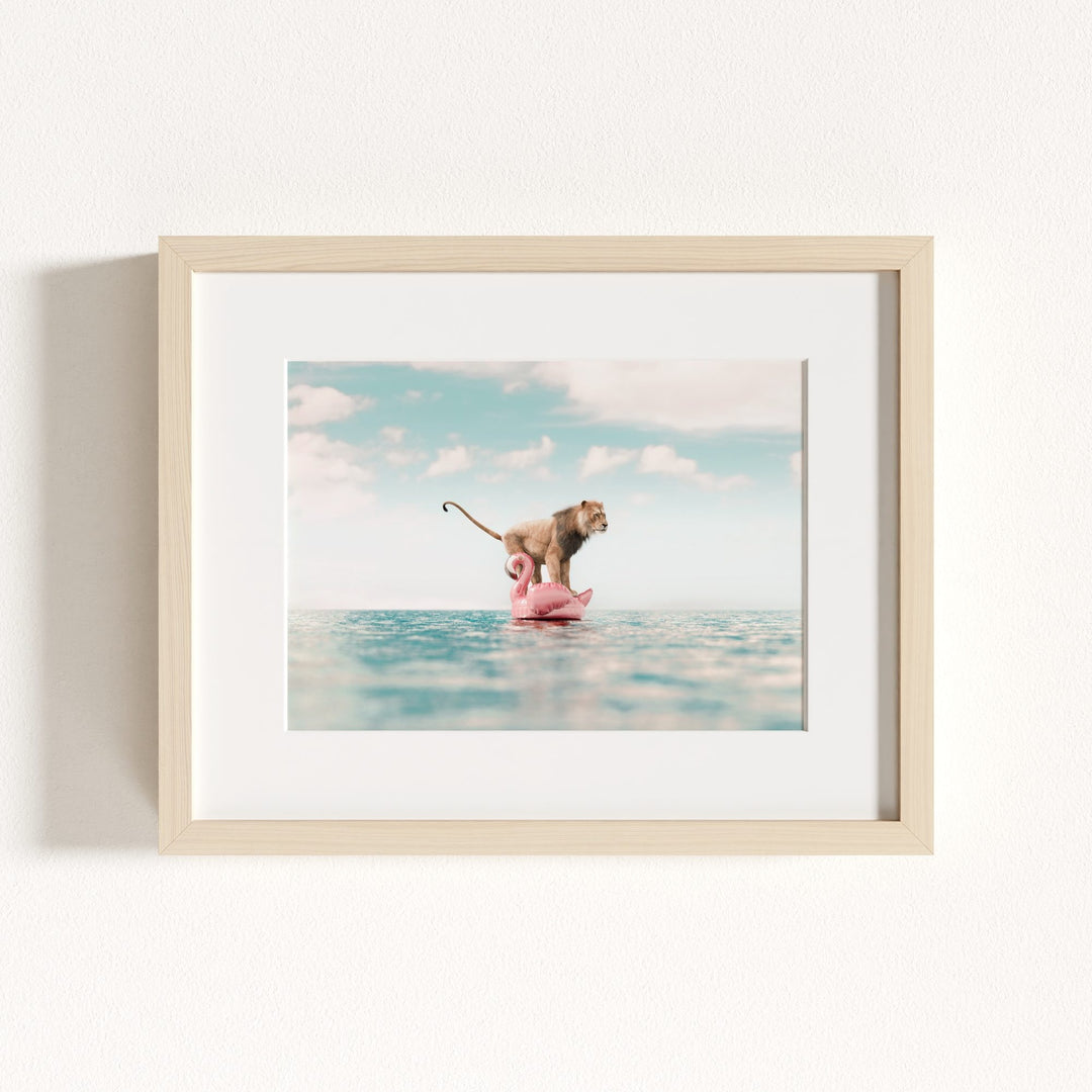 Lion Afloat a Flamingo