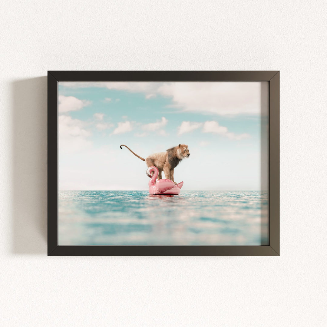 Lion Afloat a Flamingo