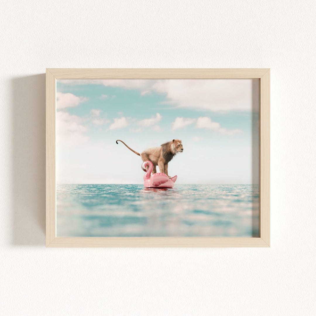 Lion Afloat a Flamingo