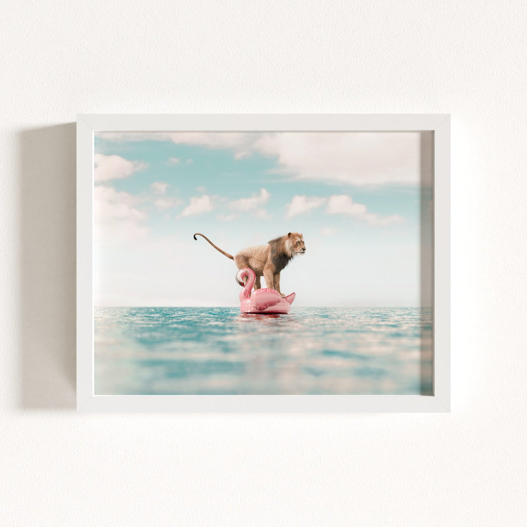 Lion Afloat a Flamingo