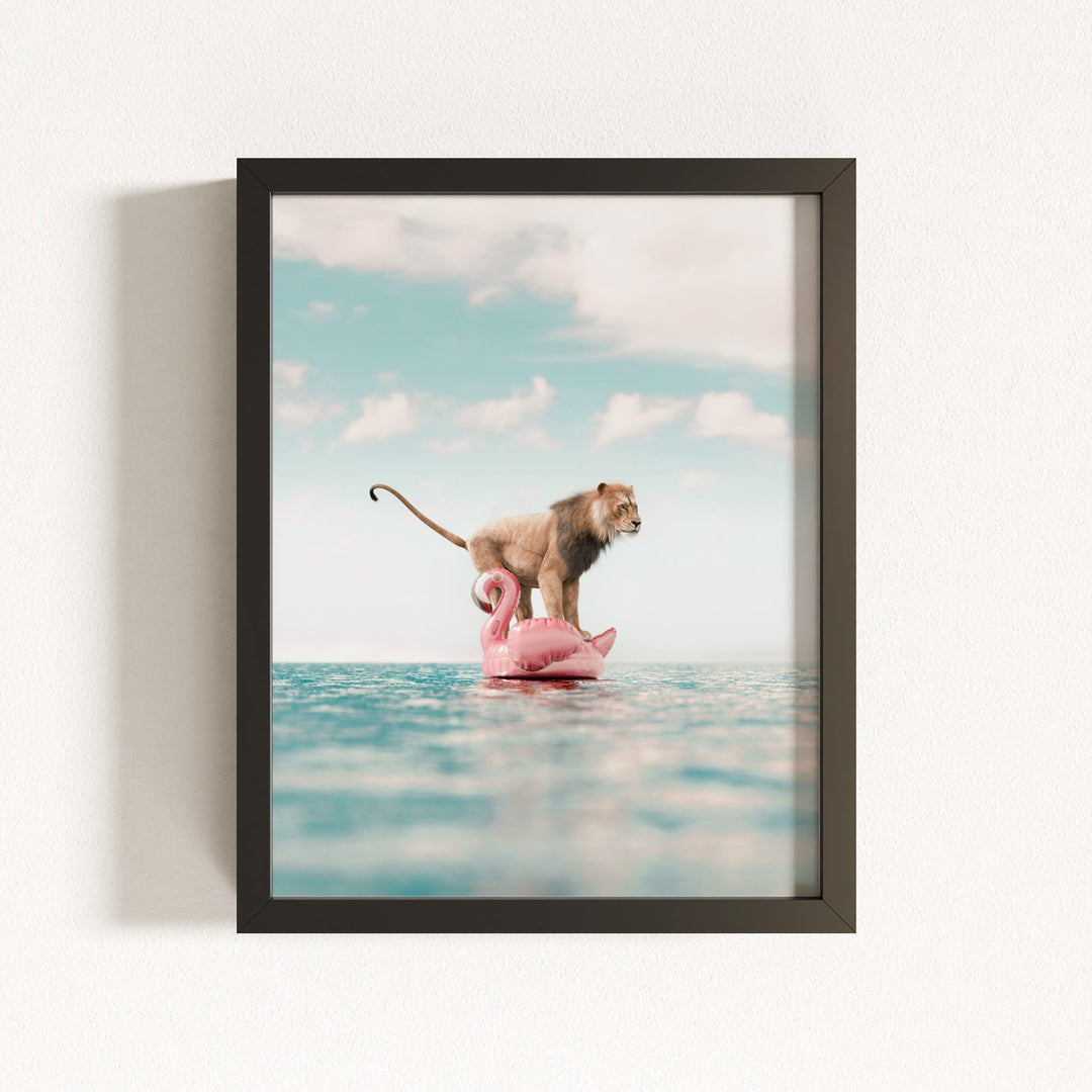 Lion Afloat a Flamingo