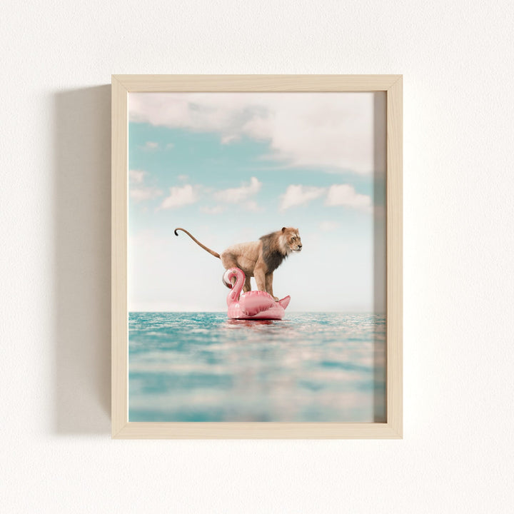 Lion Afloat a Flamingo