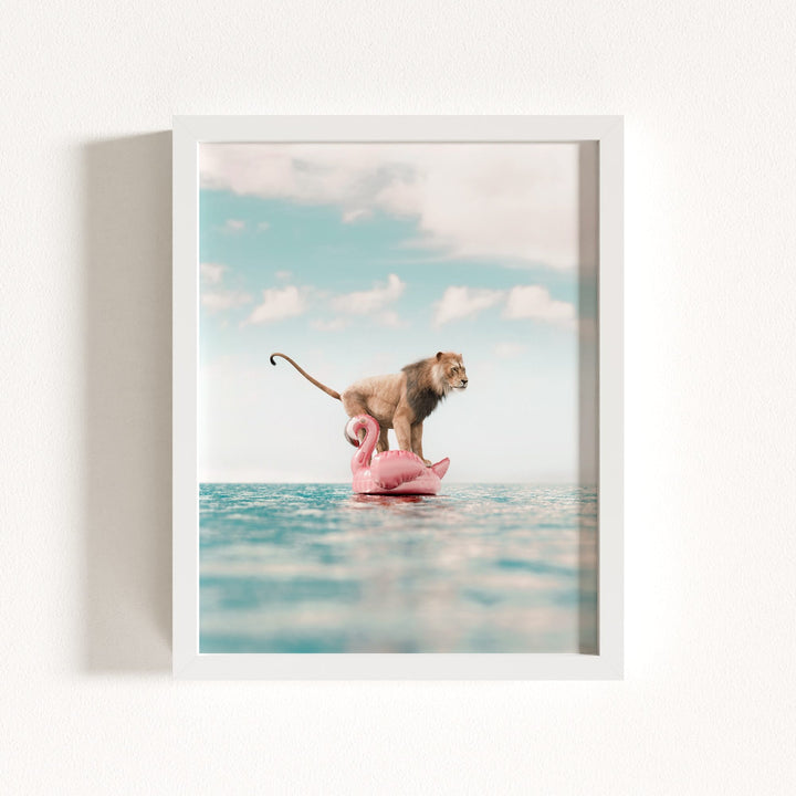 Lion Afloat a Flamingo