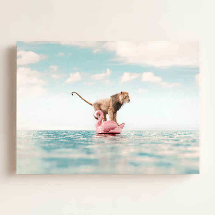 Lion Afloat a Flamingo