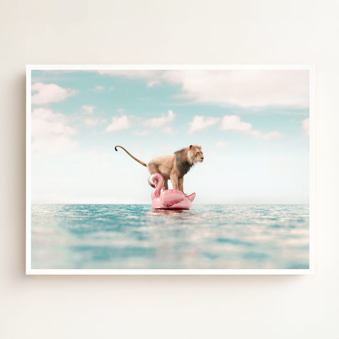 Lion Afloat a Flamingo