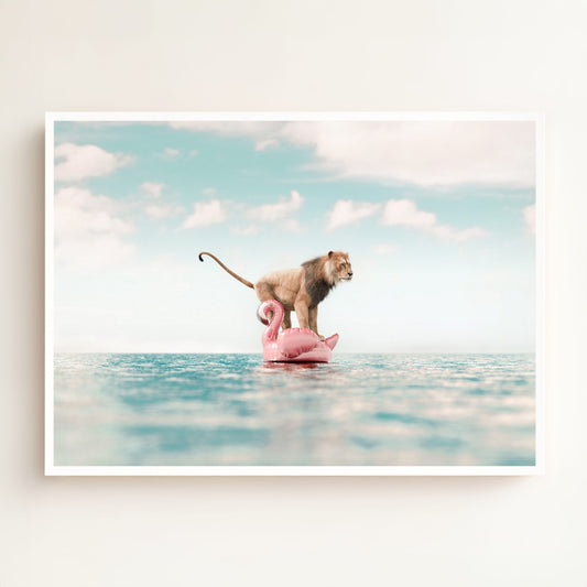 Lion Afloat a Flamingo