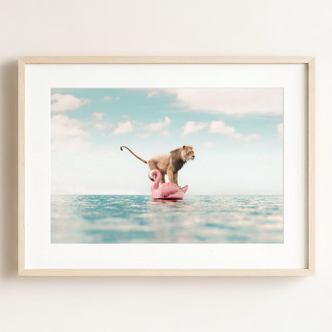 Lion Afloat a Flamingo