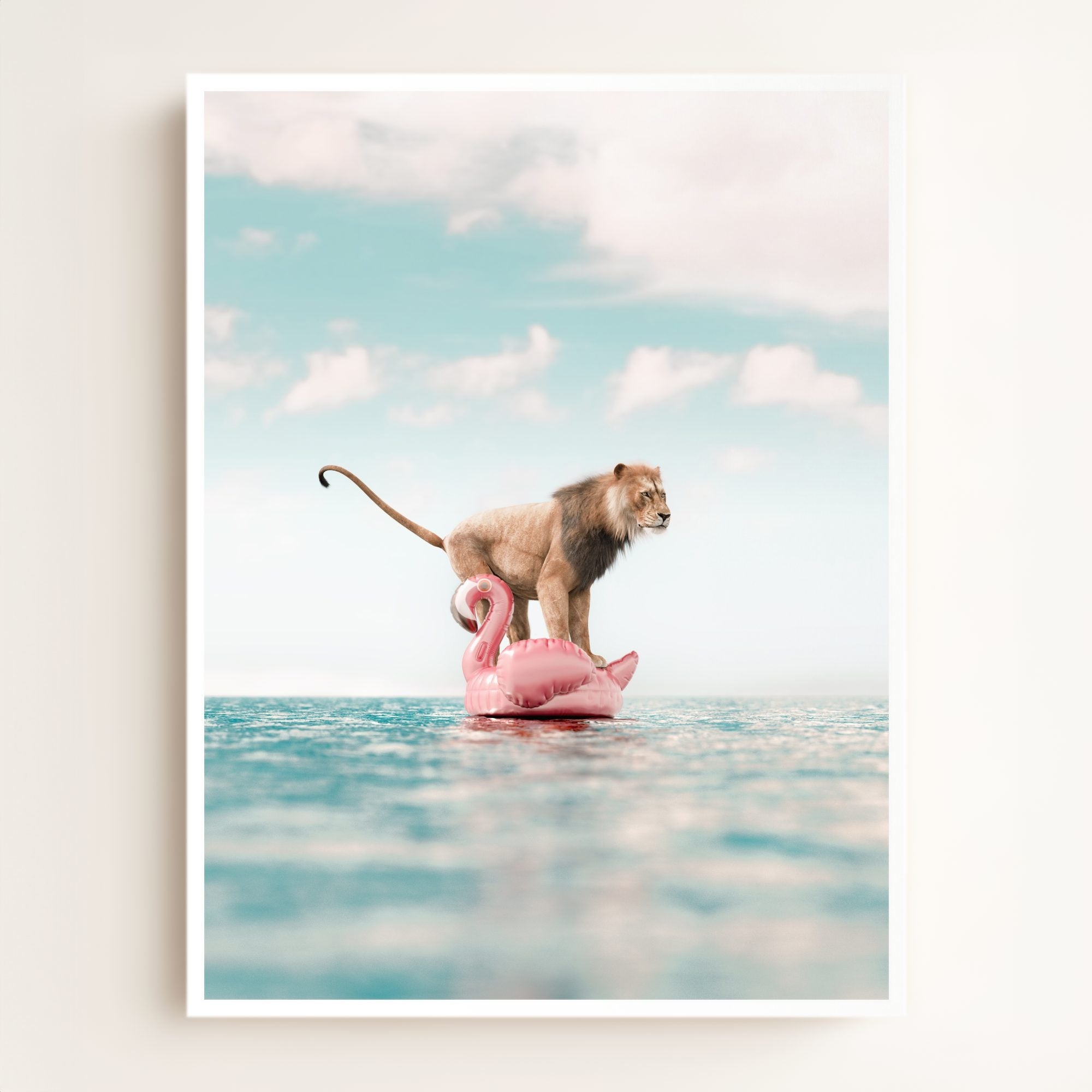 Lion Afloat a Flamingo