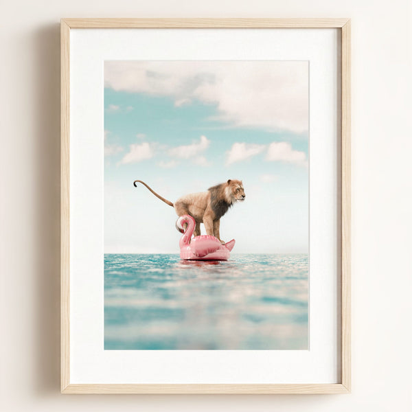 Lion Afloat a Flamingo