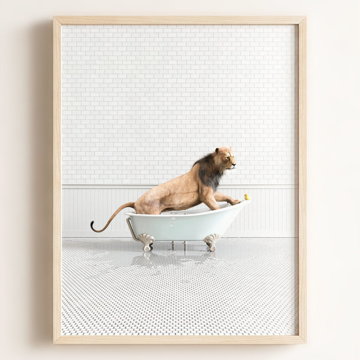 Lion in Blue Bathtub — Framed