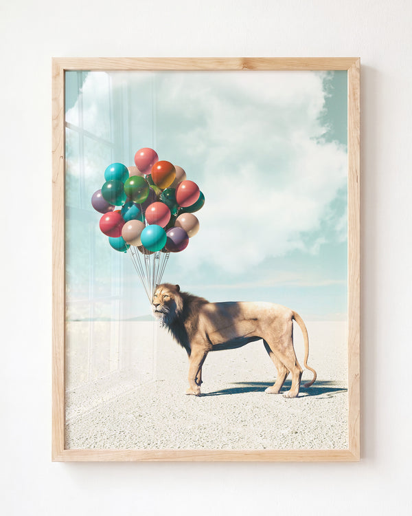 Lion with Balloons Art Print – Framed