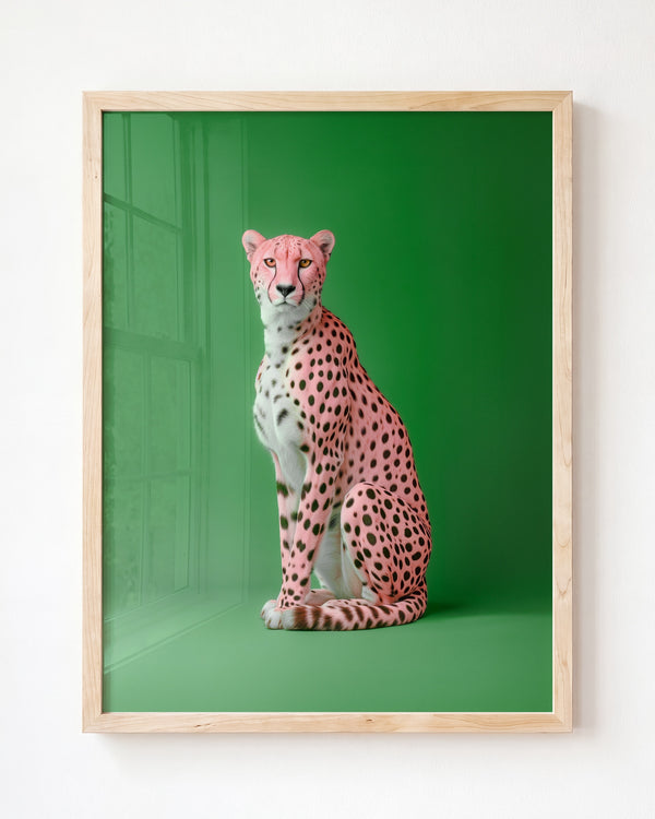 Portrait of a Pink Cheetah on Green Wall Art Print – Framed