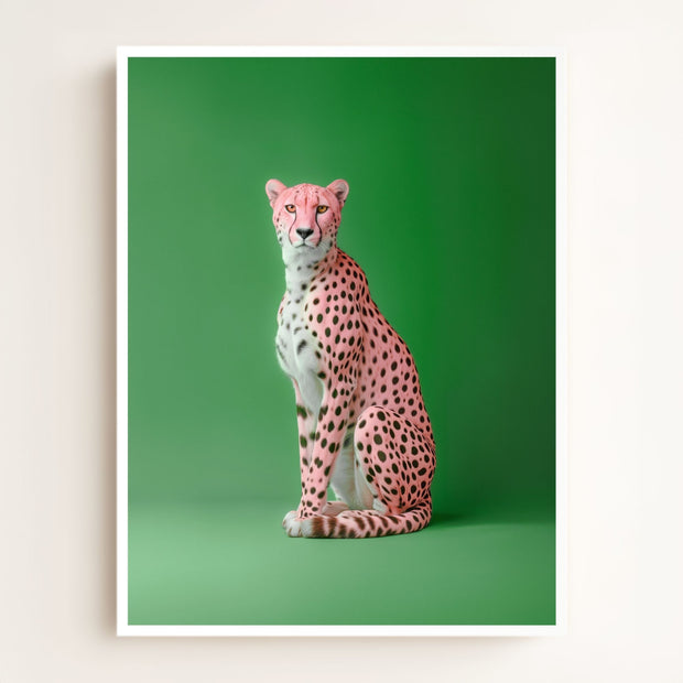 Portrait of a Pink Cheetah on Green Wall Art Print
